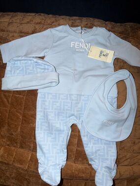 Fendi Light Blue Baby Footie Set with Hat & Bib